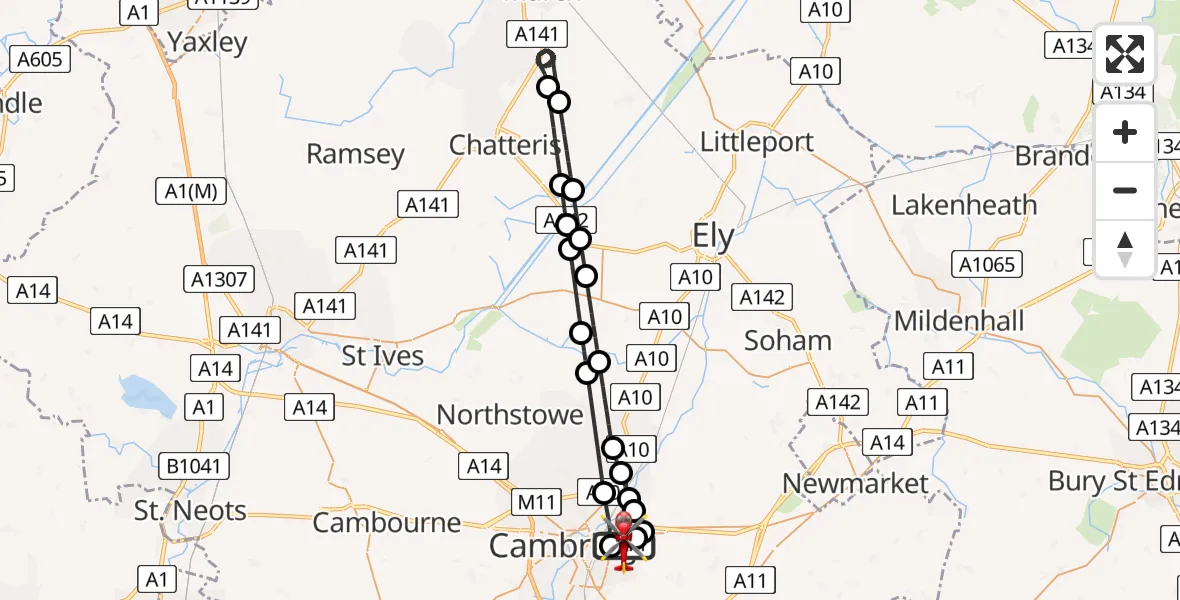 Flight path map showing Air Ambulance Helicopter route from Cambridge City Airport to Cambridge City Airport