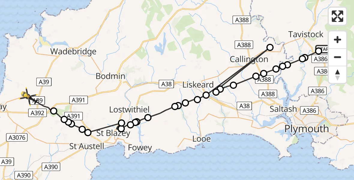 Flight path map showing Police Helicopter route from West Devon to St. Columb Major