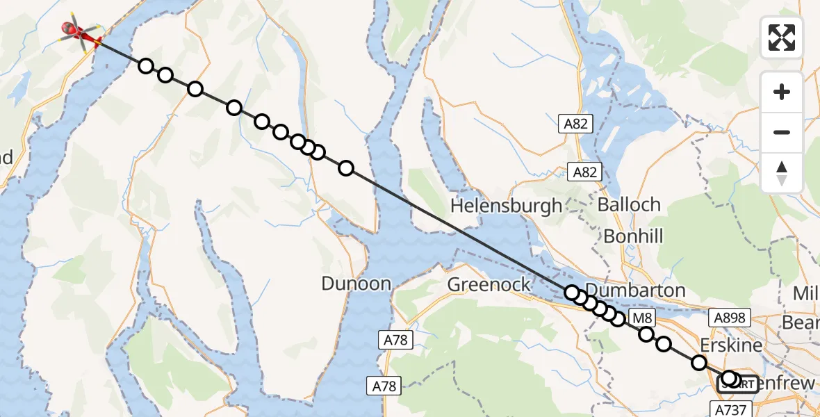 Flight path map showing Air Ambulance Helicopter route from Glasgow Airport to Minard