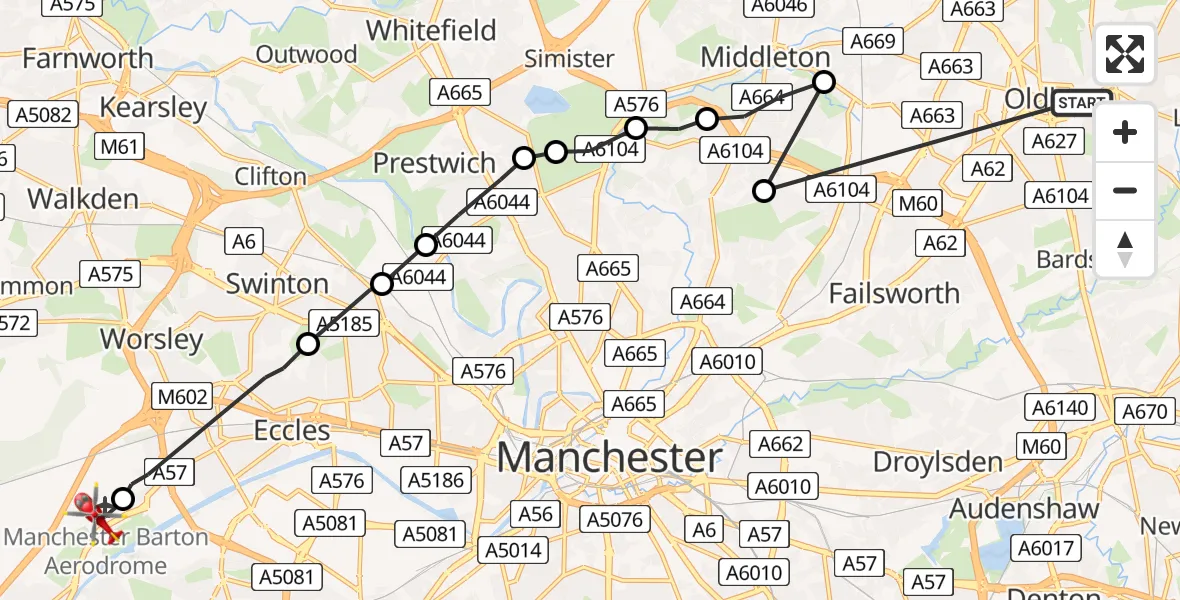 Flight path map showing Air Ambulance Helicopter route from Royton to Manchester Barton Aerodrome