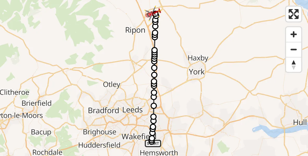 Flight path map showing Air Ambulance Helicopter route from YAA Nostell Helicopter Port to RAF Topcliffe