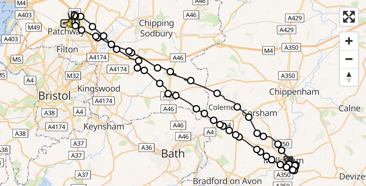 Flight path map showing Police Helicopter route from Patchway to Almondsbury Helicopter Base