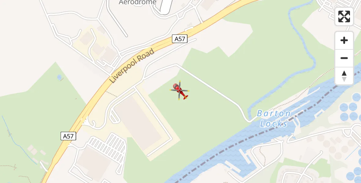 Flight path map showing Air Ambulance Helicopter route from Manchester Barton Aerodrome to Manchester Barton Aerodrome