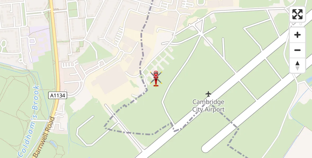 Flight path map showing Air Ambulance Helicopter route from Cambridge City Airport to Cambridge City Airport