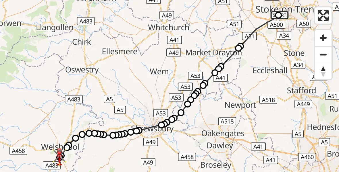 Flight path map showing Air Ambulance Helicopter route from University Hospital North Staffs to Welshpool Airport