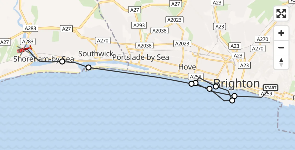 Flight path map showing Air Ambulance Helicopter route from Brighton to Brighton City Airport