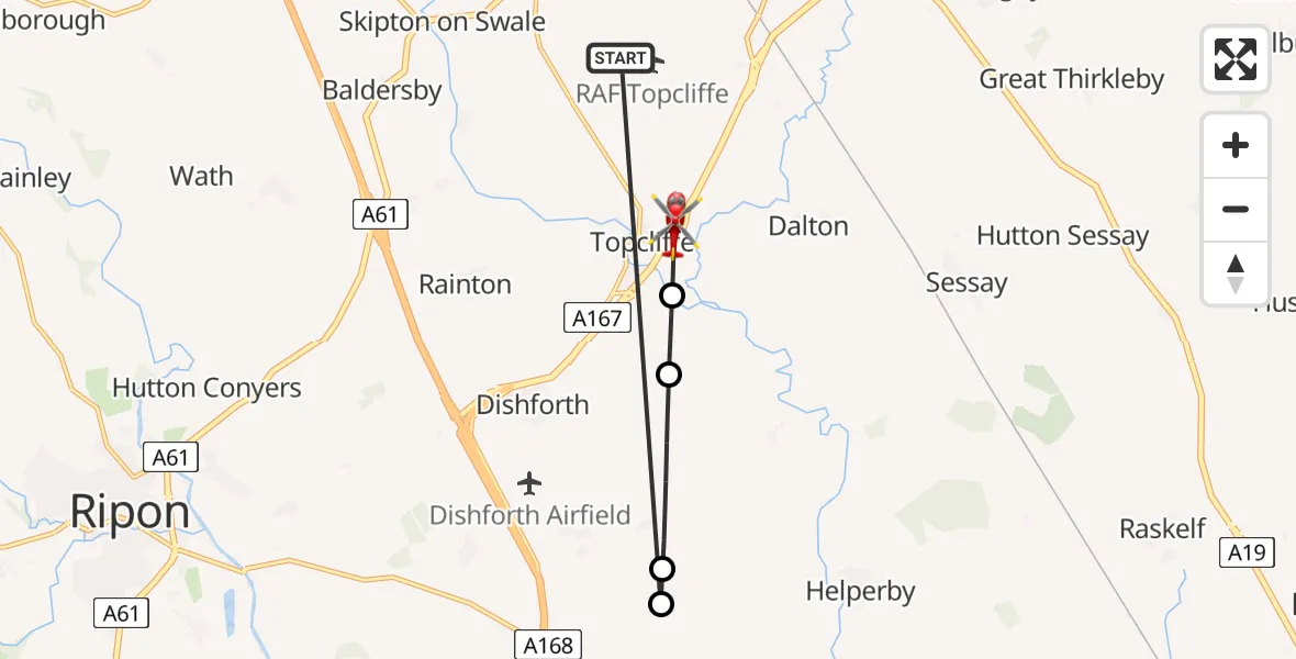 Flight path map showing Air Ambulance Helicopter route from RAF Topcliffe to Topcliffe