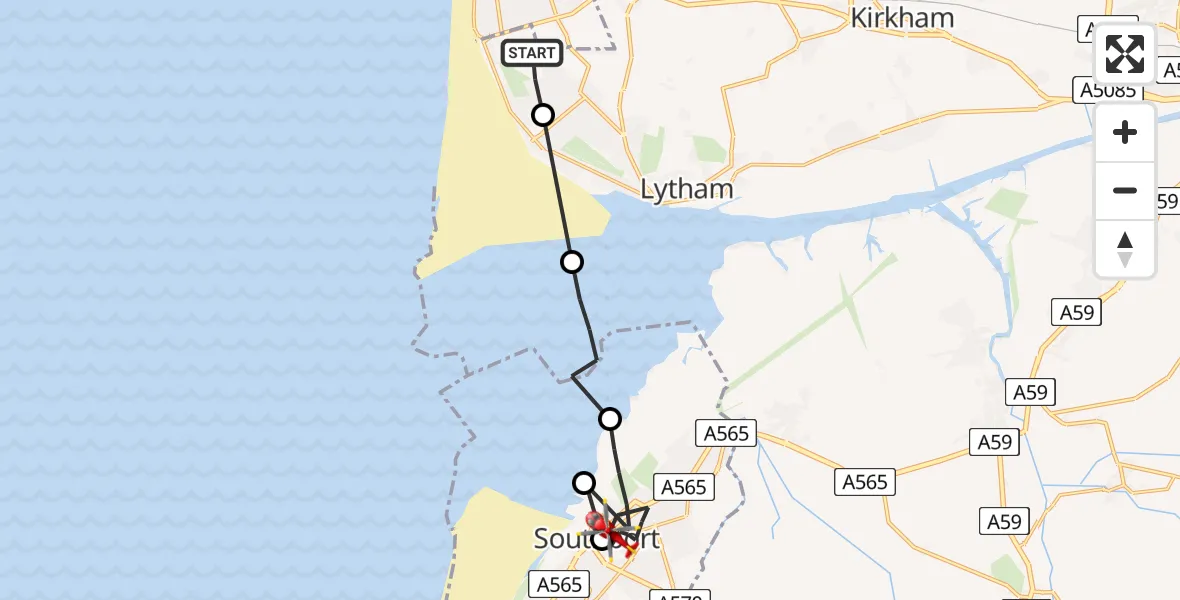 Flight path map showing Air Ambulance Helicopter route from Blackpool Airport to Southport