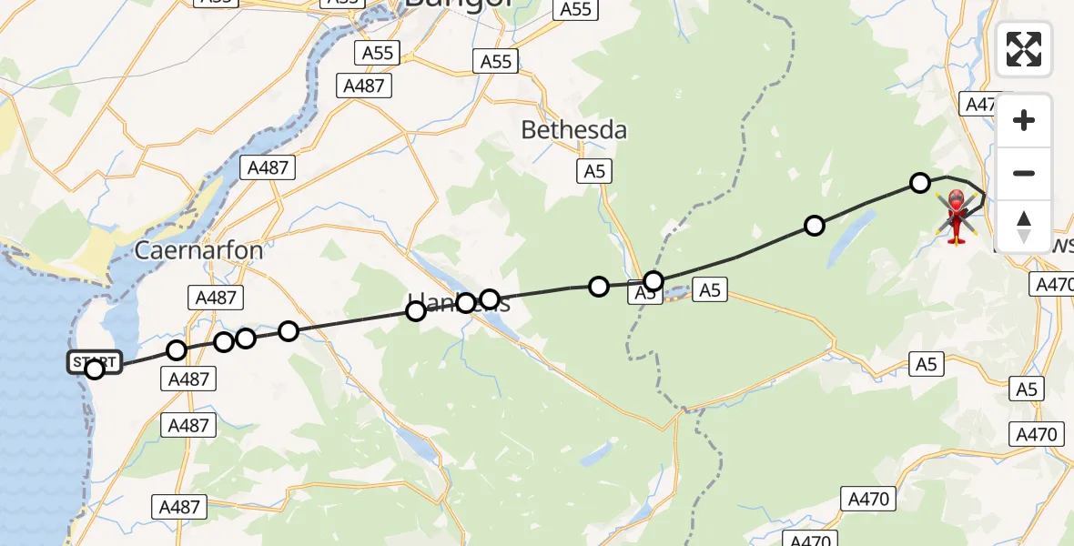Flight path map showing Air Ambulance Helicopter route from Caernarfon Airport to Trefriw