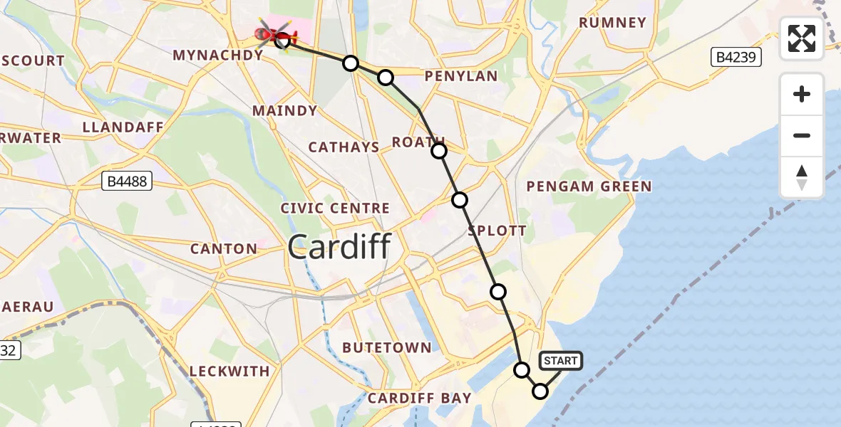 Flight path map showing Air Ambulance Helicopter route from Cardiff Heliport to Mynachdy