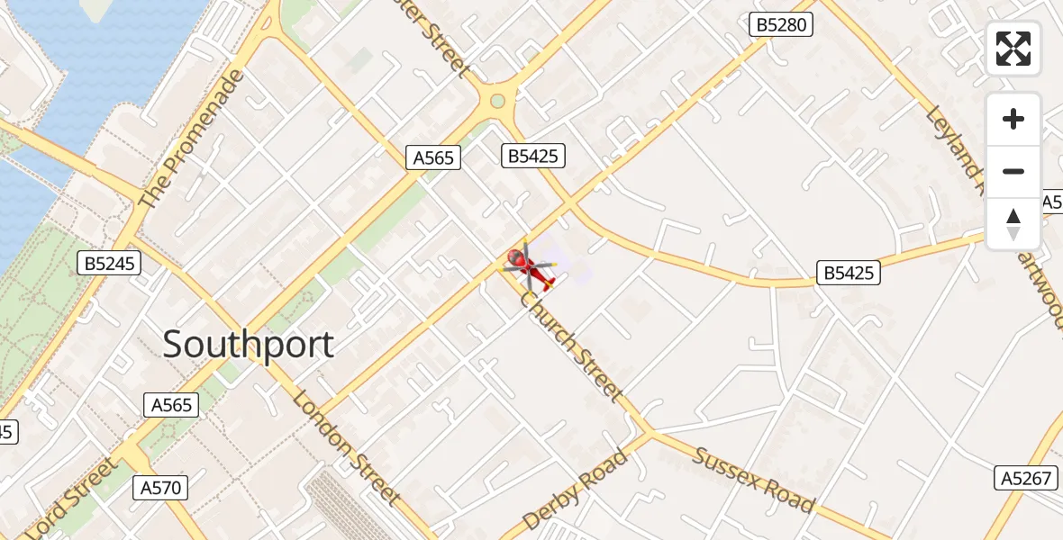 Flight path map showing Air Ambulance Helicopter route from Southport to Southport