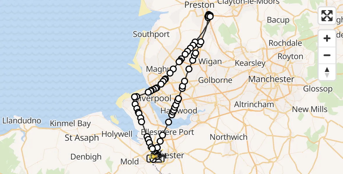 Flight path map showing Police Helicopter route from Hawarden Airport to Saltney Ferry