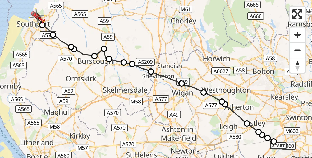 Flight path map showing Air Ambulance Helicopter route from Manchester Barton Aerodrome to Southport