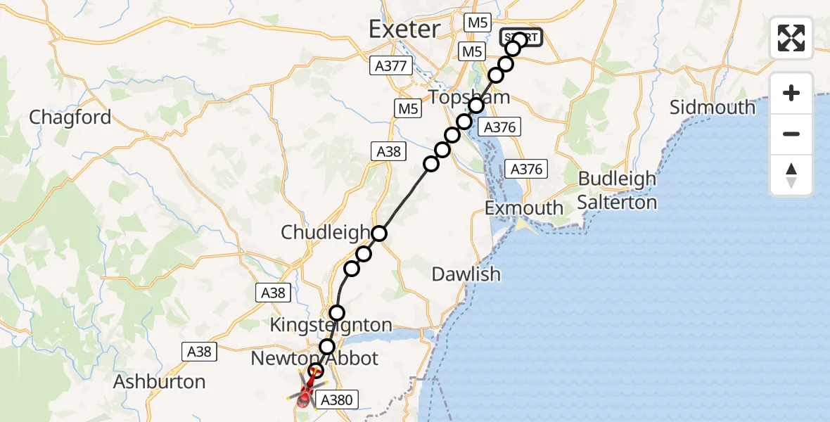 Flight path map showing Air Ambulance Helicopter route from Clyst Honiton to Newton Abbot