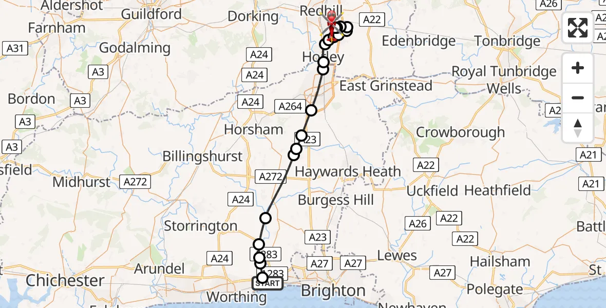 Flight path map showing Air Ambulance Helicopter route from Brighton City Airport to Redhill Aerodrome