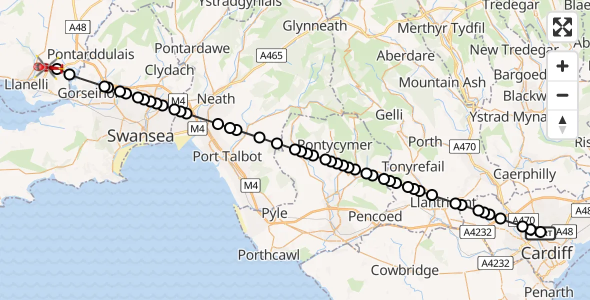 Flight path map showing Air Ambulance Helicopter route from Birchgrove to Dafen