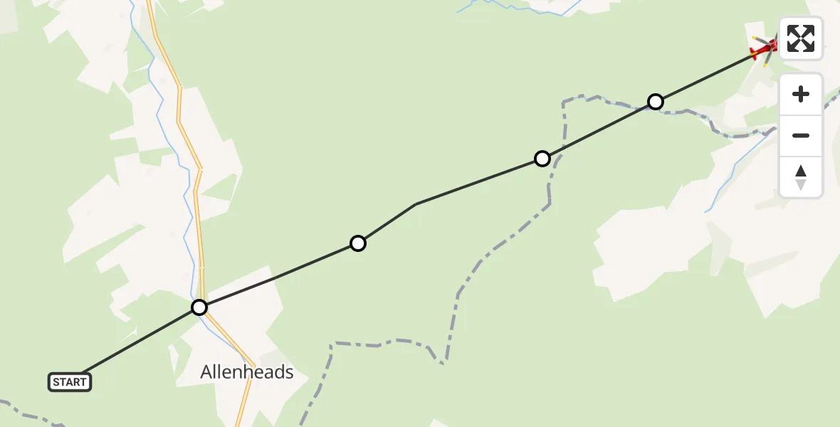 Flight path map showing Air Ambulance Helicopter route from Allendale to Blanchland