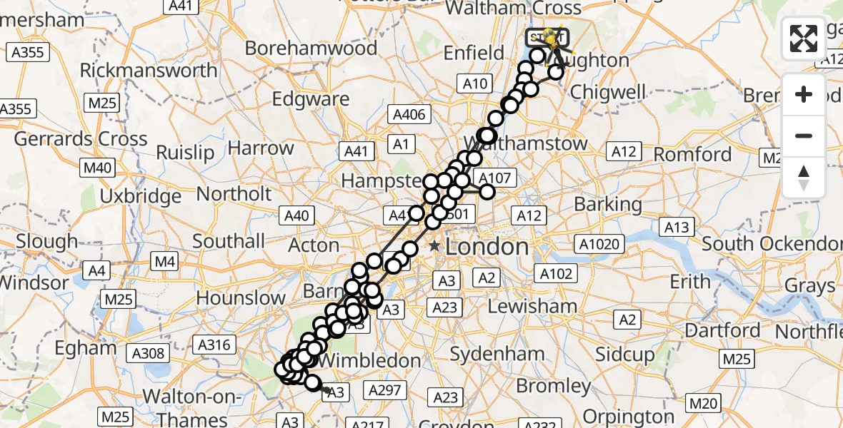 Flight path map showing Police Helicopter route from Epping Forest to Metropolitan Police Air Support Unit Lippitts Hill