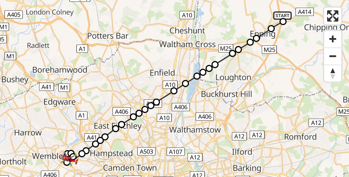 Flight path map showing Air Ambulance Helicopter route from North Weald Airfield to Dollis Hill