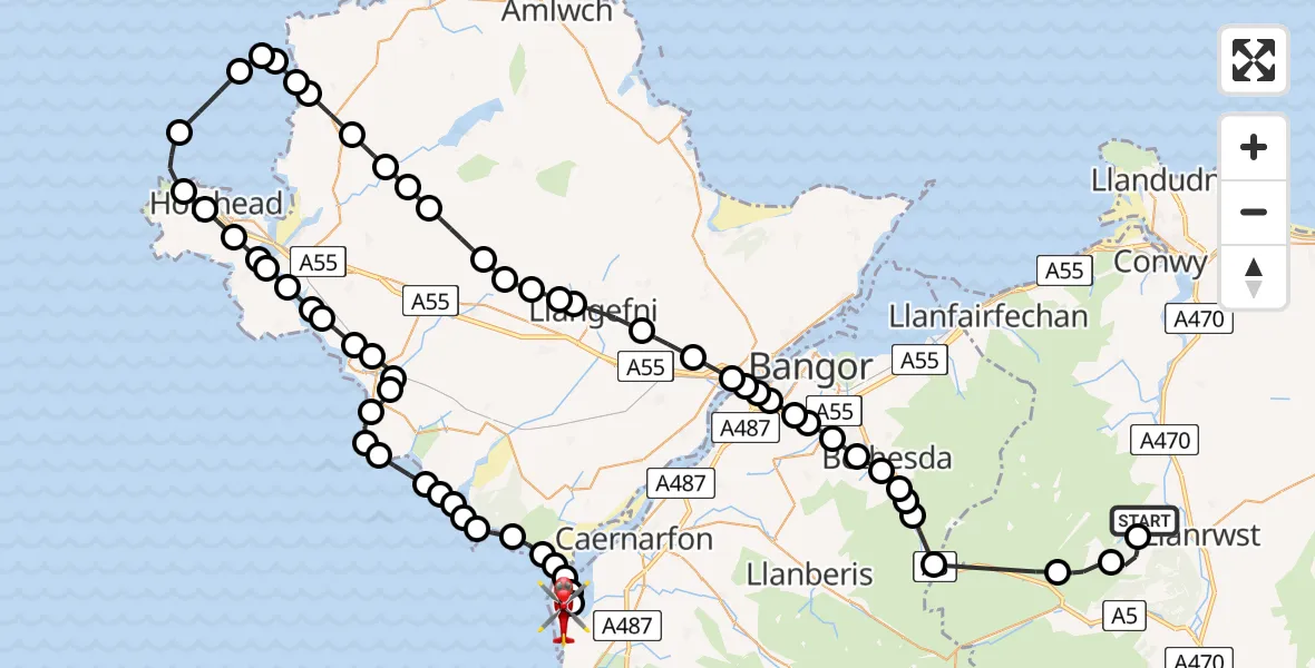 Flight path map showing Air Ambulance Helicopter route from Trefriw to Caernarfon Airport