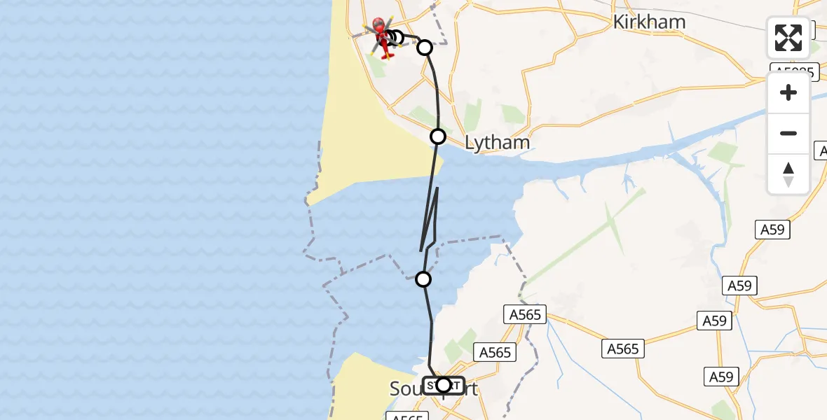 Flight path map showing Air Ambulance Helicopter route from Southport to Blackpool Airport