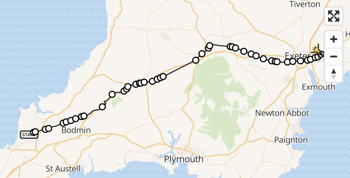 Flight path map showing Police Helicopter route from St. Mawgan to Exeter International Airport