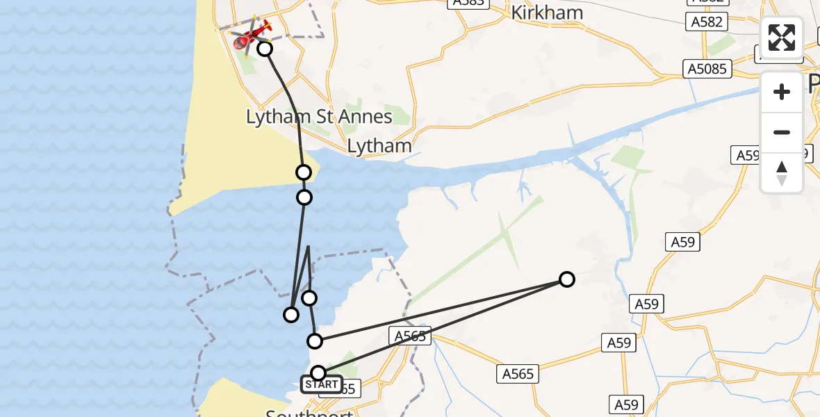 Flight path map showing Air Ambulance Helicopter route from Southport to Blackpool Airport