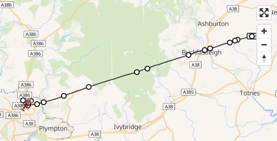Flight path map showing Air Ambulance Helicopter route from Denbury to Crownhill