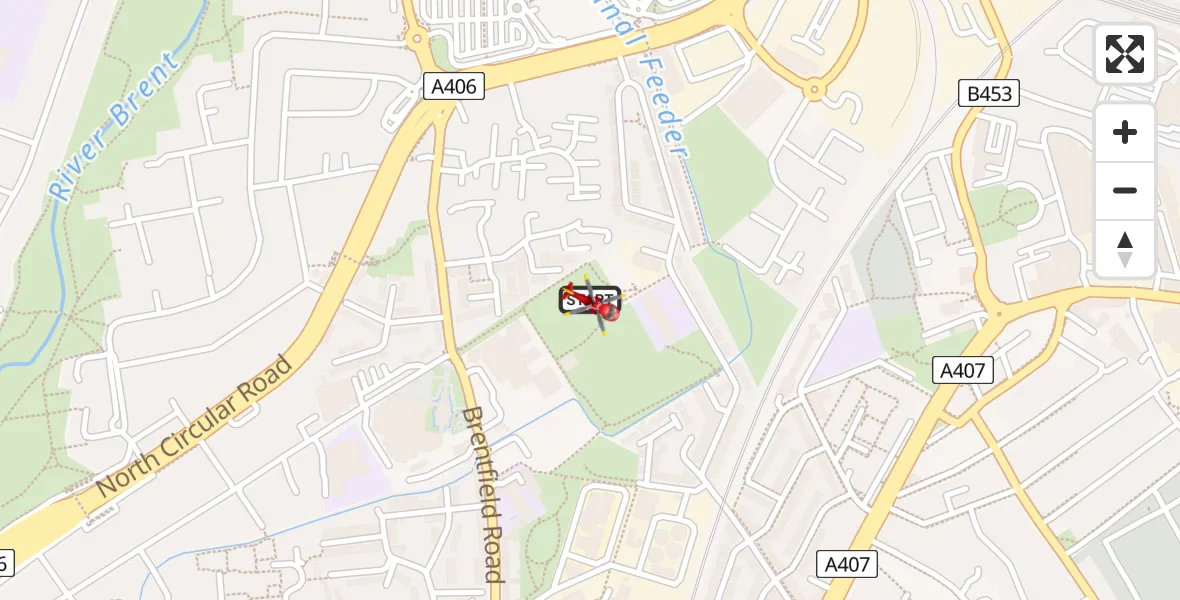 Flight path map showing Air Ambulance Helicopter route from Brent to Dollis Hill