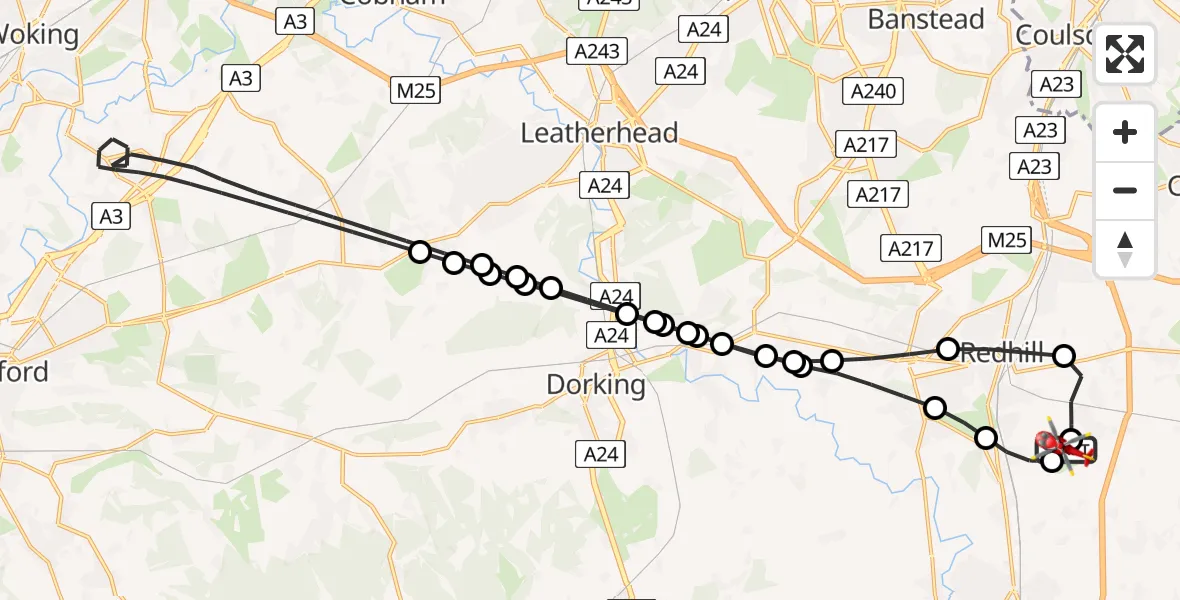 Flight path map showing Air Ambulance Helicopter route from Redhill Aerodrome to Redhill Aerodrome