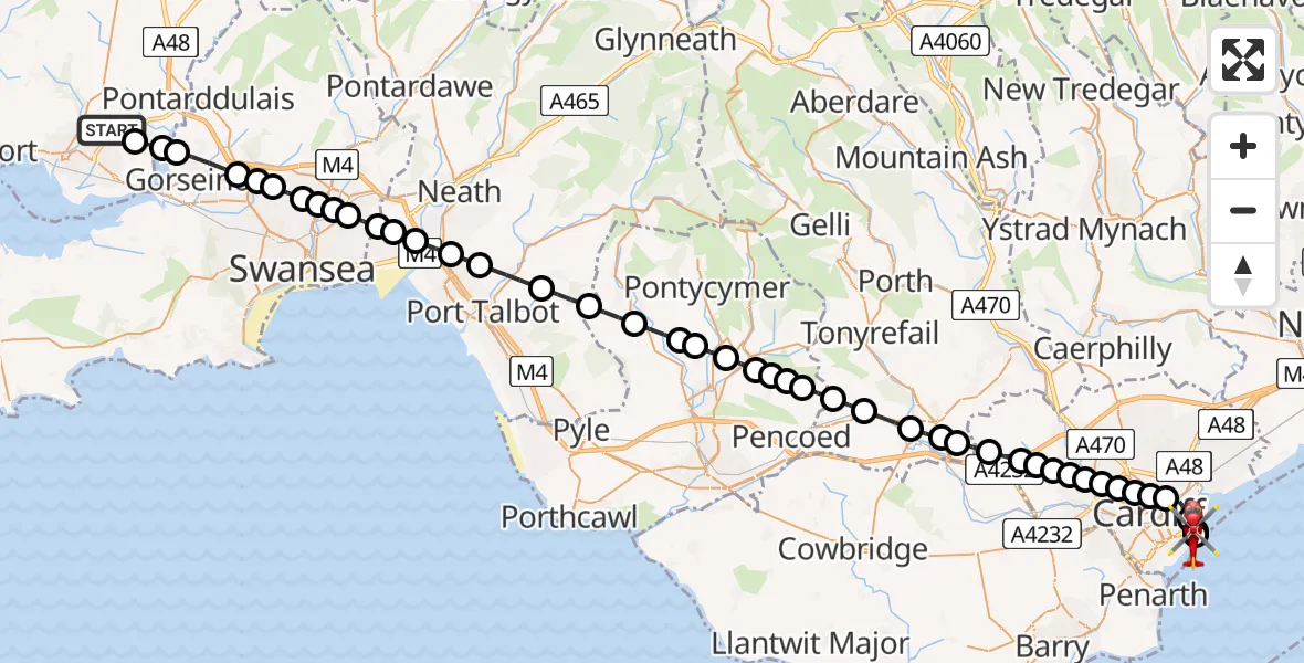 Flight path map showing Air Ambulance Helicopter route from Dafen to Cardiff Heliport