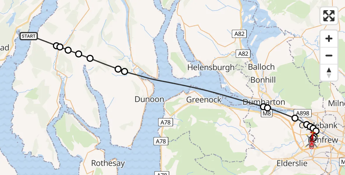 Flight path map showing Air Ambulance Helicopter route from Inner Seas to Glasgow Airport