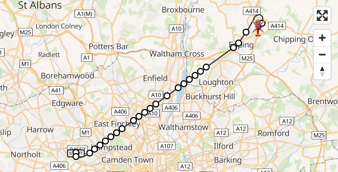 Flight path map showing Air Ambulance Helicopter route from Brent to North Weald Airfield
