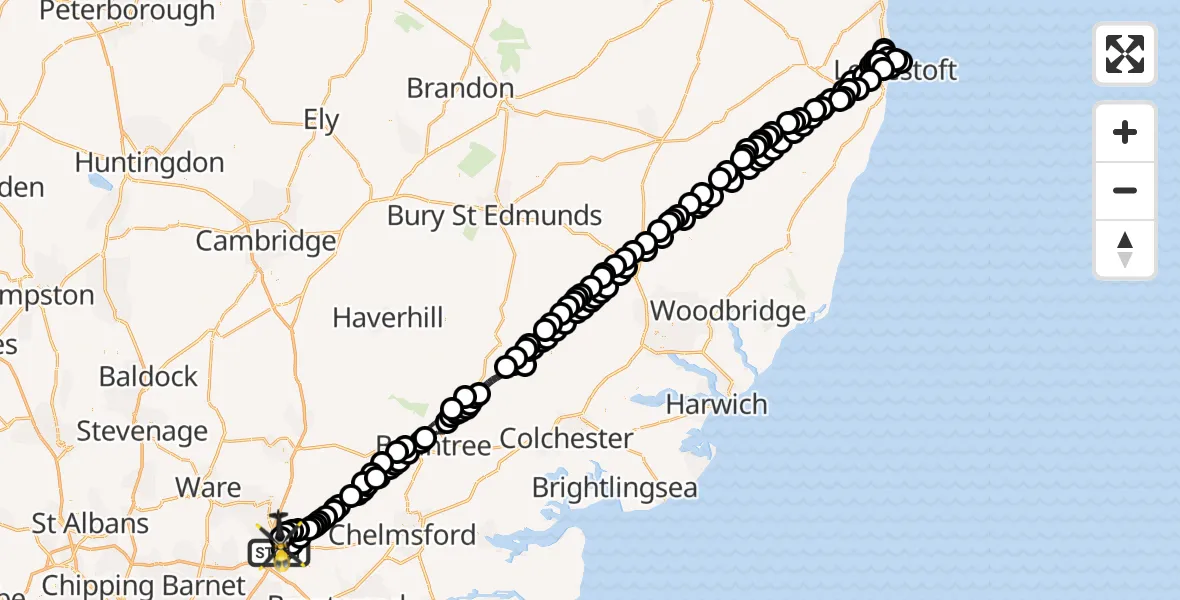 Flight path map showing Police Helicopter route from North Weald Airfield to North Weald Airfield