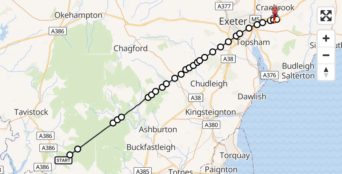 Flight path map showing Air Ambulance Helicopter route from Shaugh Prior to Rockbeare
