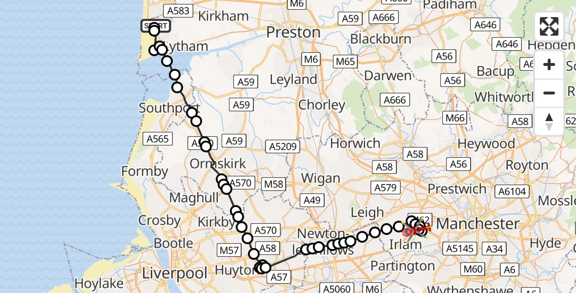 Flight path map showing Air Ambulance Helicopter route from Blackpool Airport to Manchester Barton Aerodrome