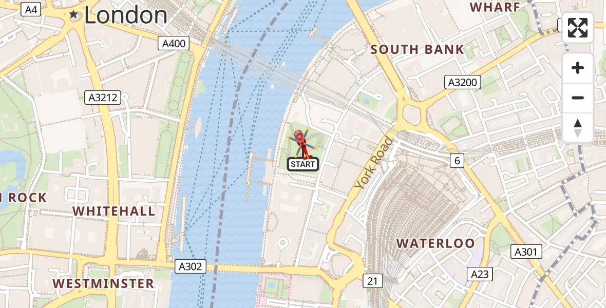 Flight path map showing Air Ambulance Helicopter route from Waterloo to City of Westminster