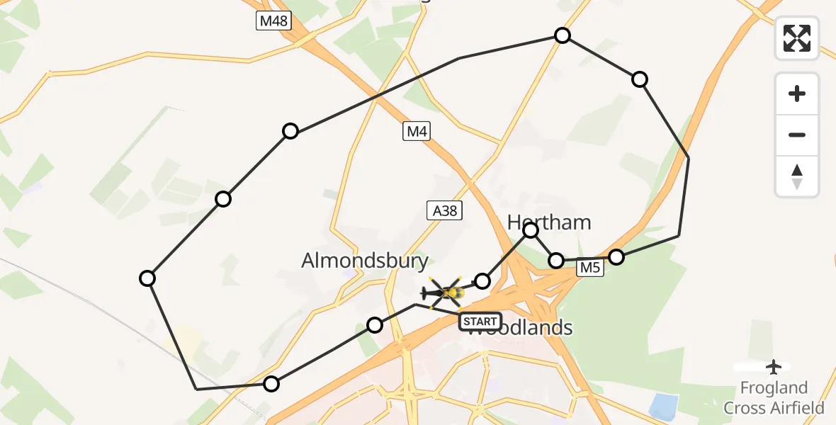 Flight path map showing Police Helicopter route from Almondsbury Helicopter Base to Almondsbury Helicopter Base