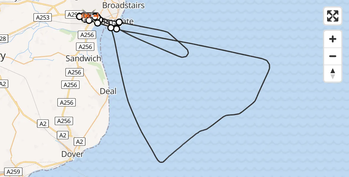 Flight path map showing Coastguard Helicopter route from Manston Airport to Manston Airport