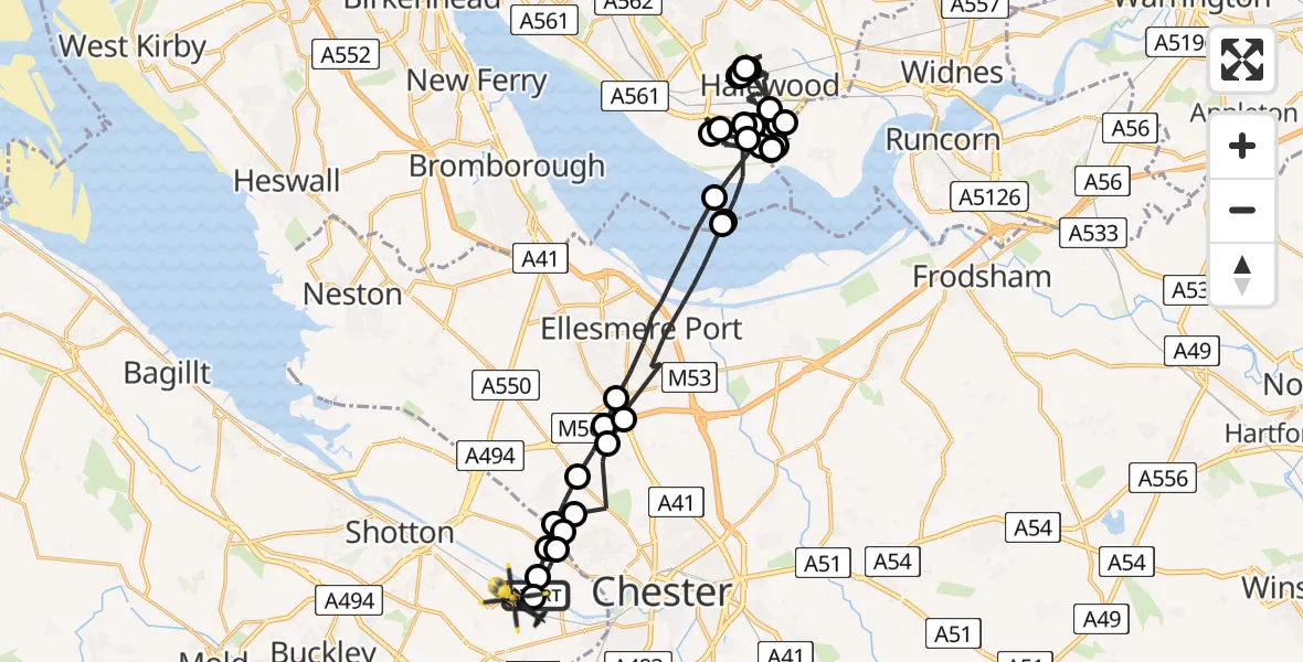 Flight path map showing Police Helicopter route from Saltney Ferry to Sandycroft