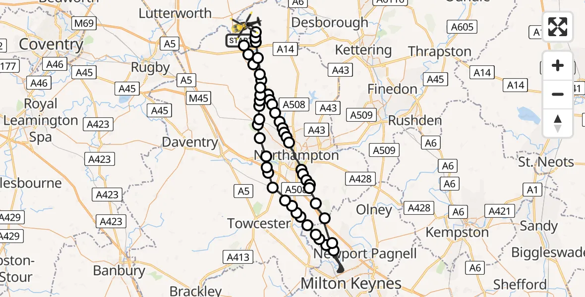 Flight path map showing Police Helicopter route from Sulby to Sibbertoft
