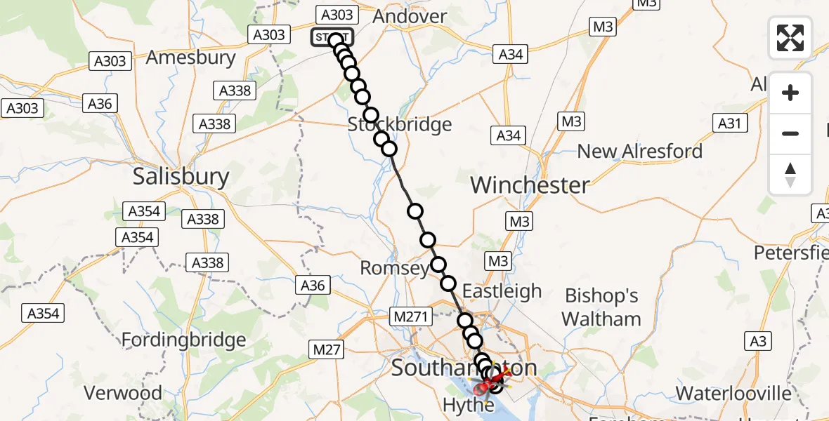 Flight path map showing Air Ambulance Helicopter route from Amport to Newtown