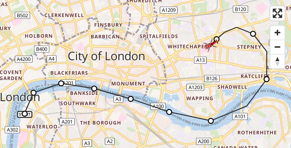 Flight path map showing Air Ambulance Helicopter route from Waterloo to Royal London Hospital