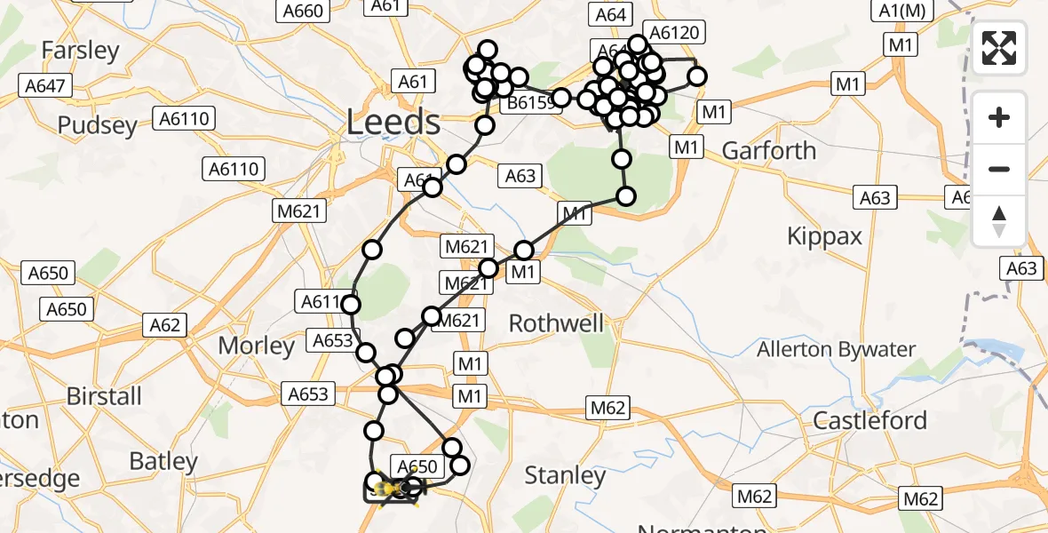 Flight path map showing Police Helicopter route from East Ardsley to East Ardsley