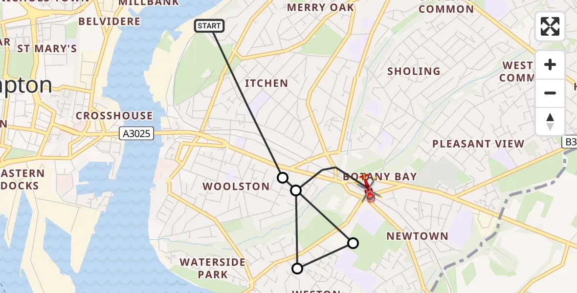 Flight path map showing Air Ambulance Helicopter route from Itchen to Newtown
