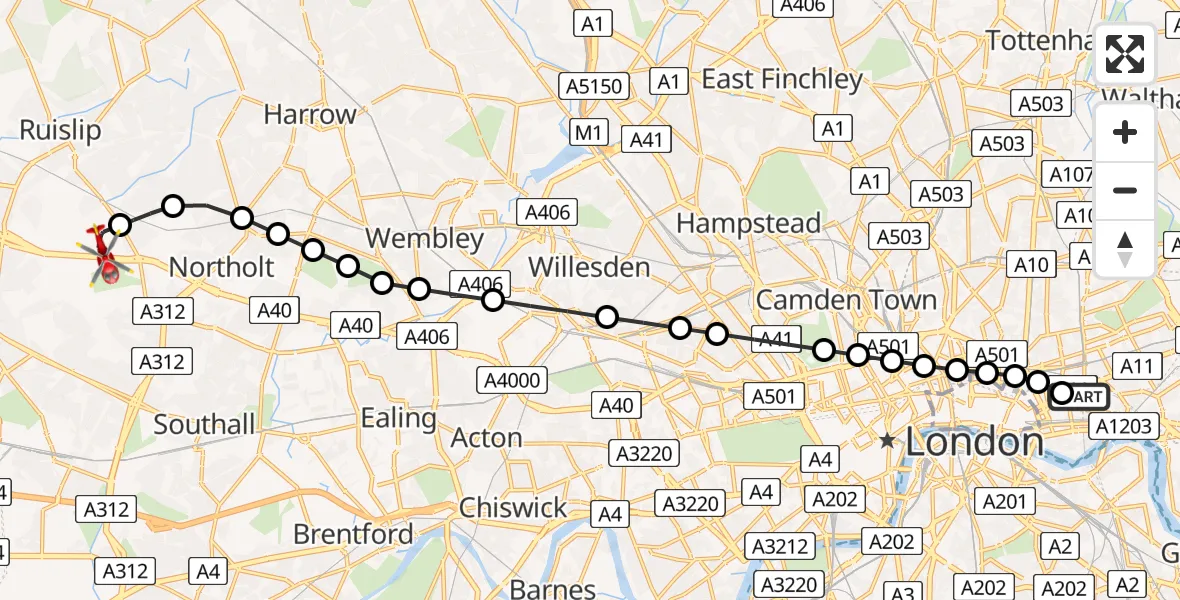 Flight path map showing Air Ambulance Helicopter route from Royal London Hospital to RAF Northolt