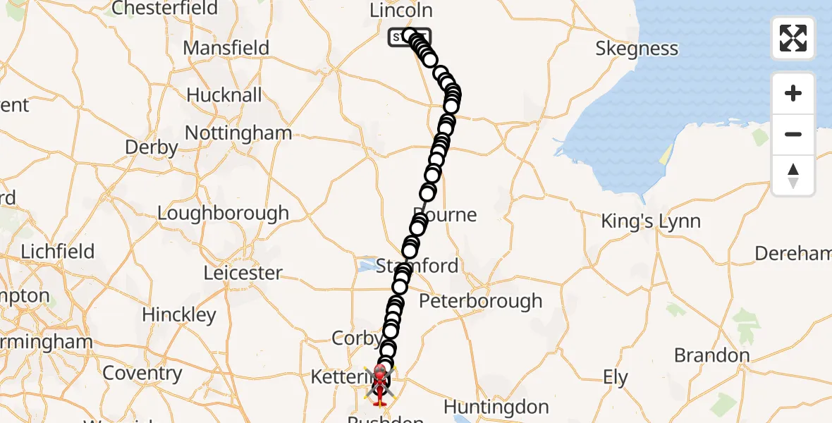 Flight path map showing Air Ambulance Helicopter route from RAF Waddington to Great Addington