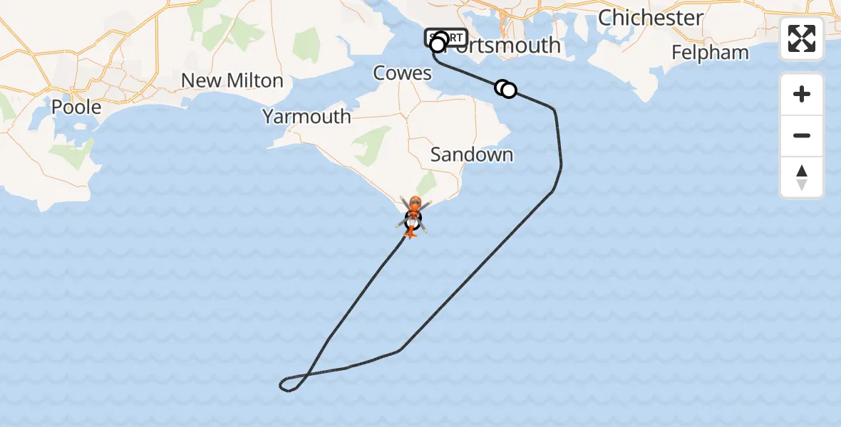 Flight path map showing Coastguard Helicopter route from Solent Airport to Niton