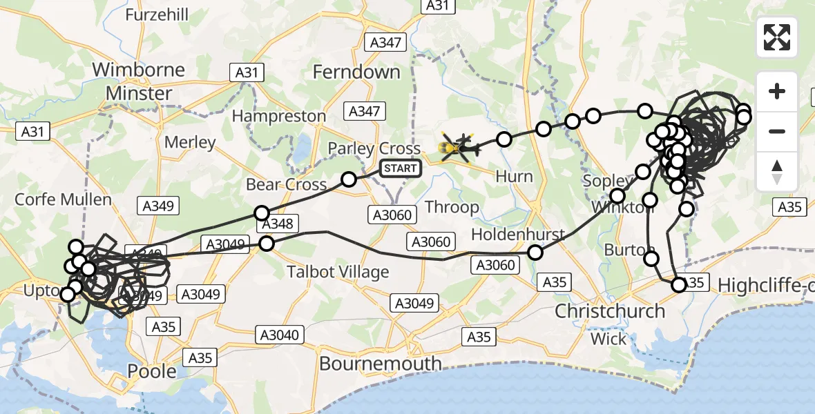 Flight path map showing Police Helicopter route from Parley Cross to Bournemouth Airport