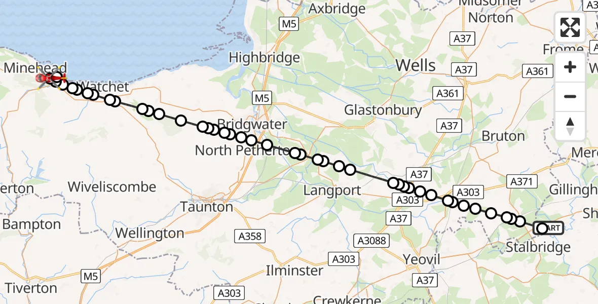 Flight path map showing Air Ambulance Helicopter route from Henstridge Airfield to Dunster